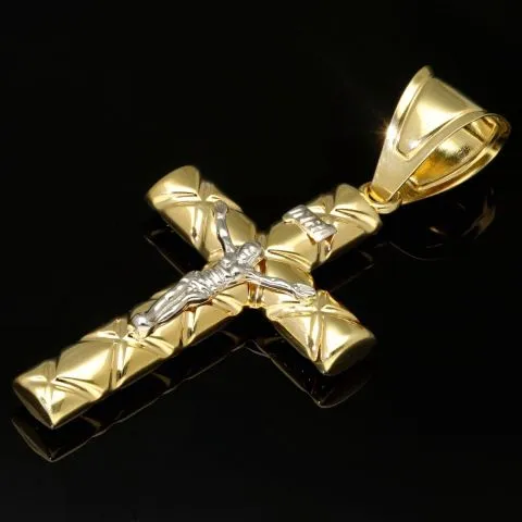 Glänzender Jesus Kreuz Anhänger aus edlem Bicolor 14K 585 Gold (Gelbgold und Weißgold)