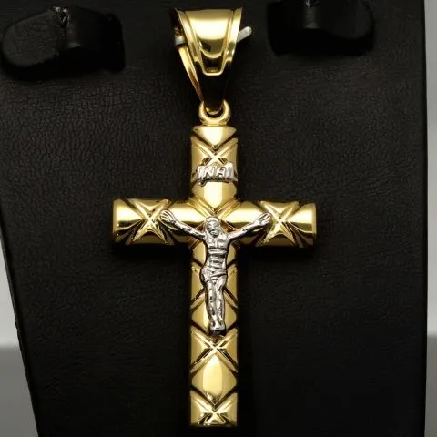 Glänzender Jesus Kreuz Anhänger aus edlem Bicolor 14K 585 Gold (Gelbgold und Weißgold)