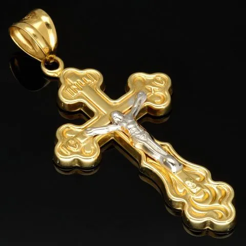 Jesus Christus Kreuz - Anhänger mit filigranen Verzierungen aus funkelndem 14k 585 Bicolor Gold (Gelbgold und Weißgold)