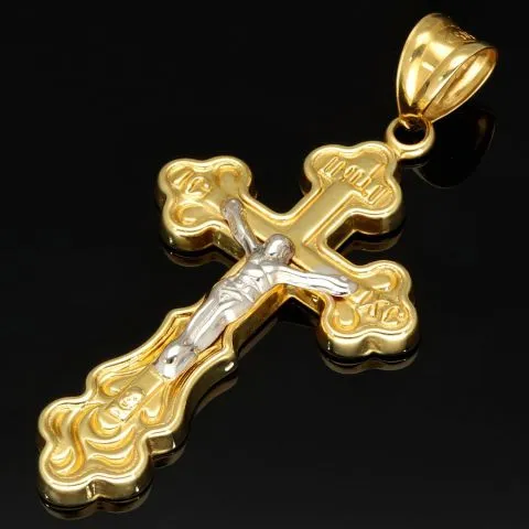 Jesus Christus Kreuz - Anhänger mit filigranen Verzierungen aus funkelndem 14k 585 Bicolor Gold (Gelbgold und Weißgold)