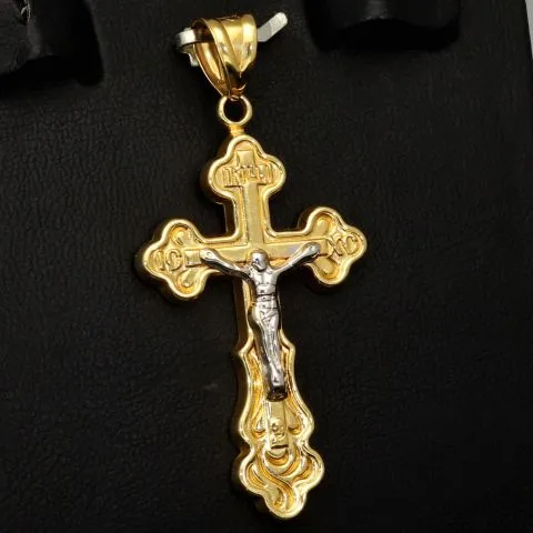 Jesus Christus Kreuz - Anhänger mit filigranen Verzierungen aus funkelndem 14k 585 Bicolor Gold (Gelbgold und Weißgold)