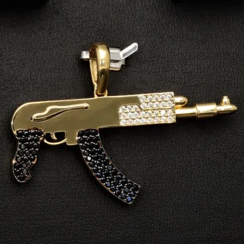 Hochwertig gearbeiteter Maschinengewehr-Anhänger aus edlem, hochglanzpoliertem 585 / 14K Gold fein besetzt mit Zirkoniasteinen