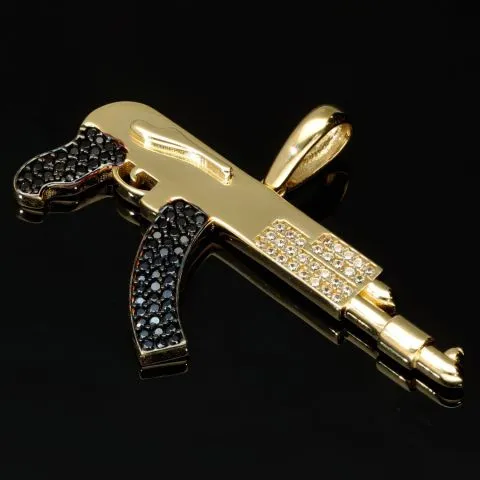 Hochwertig gearbeiteter Maschinengewehr-Anhänger aus edlem, hochglanzpoliertem 585 / 14K Gold fein besetzt mit Zirkoniasteinen