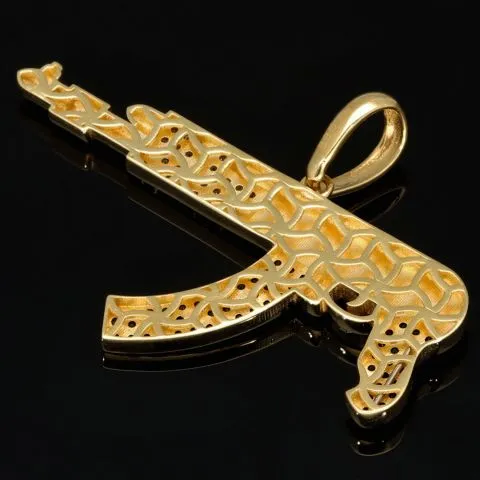 Hochwertig gearbeiteter Maschinengewehr-Anhänger aus edlem, hochglanzpoliertem 585 / 14K Gold fein besetzt mit Zirkoniasteinen