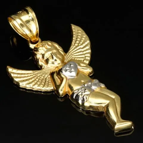 Funkelnder Schutzengel-Anhänger – Engel mit Herz aus 14k 585er Bicolor Gold (Gelbgold und Weißgold)