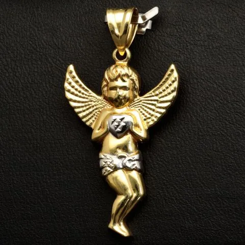 Funkelnder Schutzengel-Anhänger – Engel mit Herz aus 14k 585er Bicolor Gold (Gelbgold und Weißgold)