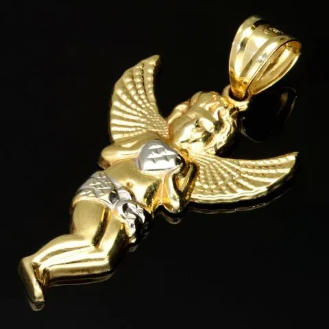 Funkelnder Schutzengel-Anhänger – Engel mit Herz aus 14k 585er Bicolor Gold (Gelbgold und Weißgold)