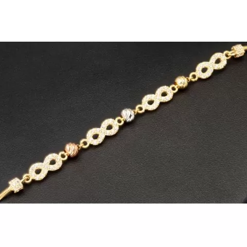 Trendiges Infinity-Armband aus funkelndem 585 14K Gold - Längenverstellbar ca. 17,5 - 19,5 cm mit eingearbeiteten Goldkügelchen in Tricolor (Gelbgold, Weißgold und Roségold)
