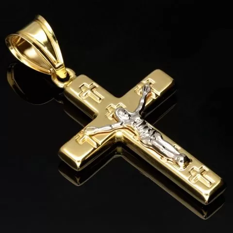 Hochwertiger Kreuzanhänger mit detaillierter Jesusfigur in zeitlosem Design aus 14K 585 Gold in Bicolor Gelbgold und Weißgold