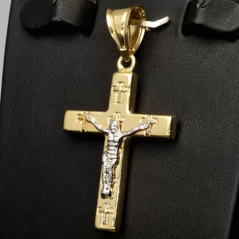 Hochwertiger Kreuzanhänger mit detaillierter Jesusfigur in zeitlosem Design aus 14K 585 Gold in Bicolor Gelbgold und Weißgold