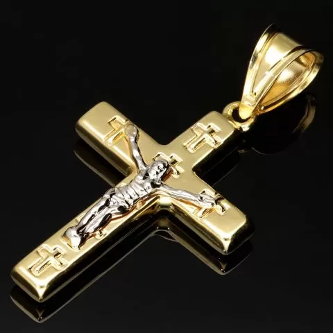 Hochwertiger Kreuzanhänger mit detaillierter Jesusfigur in zeitlosem Design aus 14K 585 Gold in Bicolor Gelbgold und Weißgold