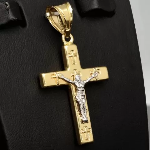 Hochwertiger Kreuzanhänger mit detaillierter Jesusfigur in zeitlosem Design aus 14K 585 Gold in Bicolor Gelbgold und Weißgold