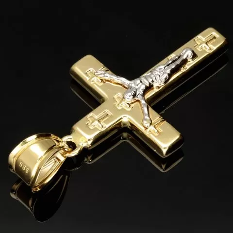Hochwertiger Kreuzanhänger mit detaillierter Jesusfigur in zeitlosem Design aus 14K 585 Gold in Bicolor Gelbgold und Weißgold