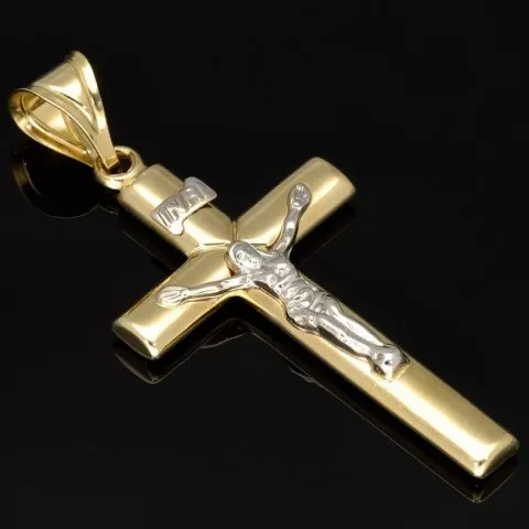 Fein ausgearbeiteter Kruzifix-Anhänger aus 14 585 Bicolor-Gold – glanzvolles Gelbgold akzentuiert mit edlem Weißgold-Korpus