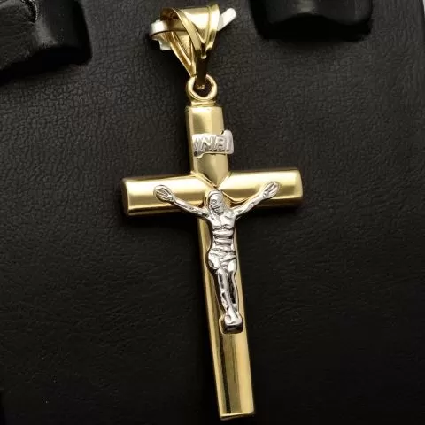 Fein ausgearbeiteter Kruzifix-Anhänger aus 14 585 Bicolor-Gold – glanzvolles Gelbgold akzentuiert mit edlem Weißgold-Korpus