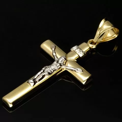 Fein ausgearbeiteter Kruzifix-Anhänger aus 14 585 Bicolor-Gold – glanzvolles Gelbgold akzentuiert mit edlem Weißgold-Korpus