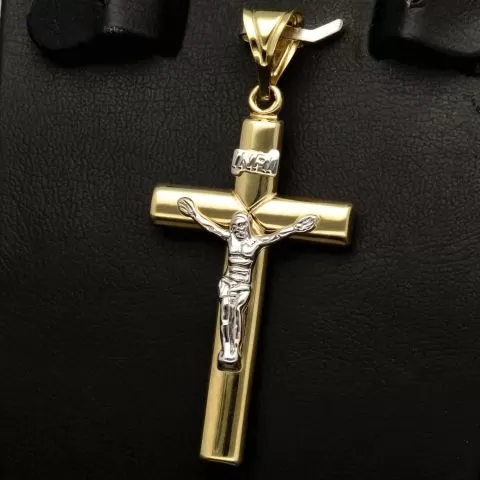 Fein ausgearbeiteter Kruzifix-Anhänger aus 14 585 Bicolor-Gold – glanzvolles Gelbgold akzentuiert mit edlem Weißgold-Korpus