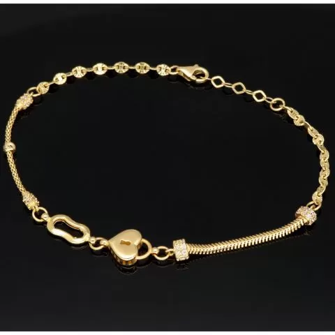 Herz-Armband aus Gold mit verschiedenen Kettenstilen, Charms und Zirkonia besetzten Elementen aus 14K 585 Gelbgold – ca. 19,5-21 cm - längenverstellbar
