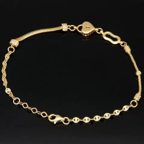 Herz-Armband aus Gold mit verschiedenen Kettenstilen, Charms und Zirkonia besetzten Elementen aus 14K 585 Gelbgold – ca. 19,5-21 cm - längenverstellbar