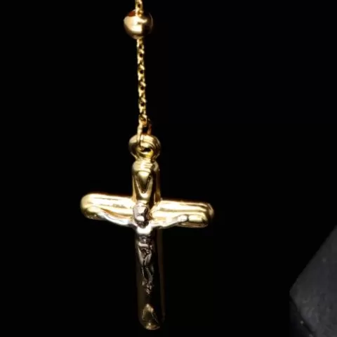 Exklusive Rosenkranz-Y-Kette mit kleinem Amulett und Jesuskreuz aus 14K 585 Gold (Gelbgold mit Nuancen Weißgold - ca. 4,6 g)