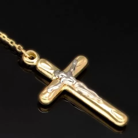 Exklusive Rosenkranz-Y-Kette mit kleinem Amulett und Jesuskreuz aus 14K 585 Gold (Gelbgold mit Nuancen Weißgold - ca. 4,6 g)