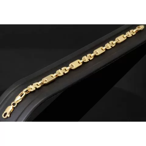 Exquisites Plättchenarmband mit Steigbügelgliedern aus 585er (14-Karat) Gelbgold, ca. 18,5 cm lang und 5,5 mm breit