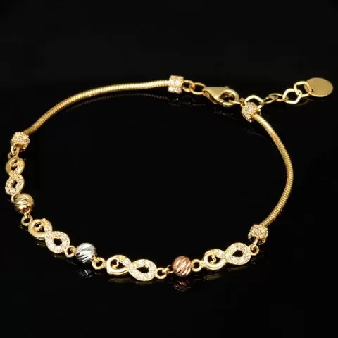 Infinity-Armband aus hochwertigem 585er Gold, 14 Karat, mit funkelnden Unendlichkeitsmotiven, Goldkügelchen in Tricolor (Gelbgold, Weißgold und Roségold) und verstellbarer Länge von 17,5 bis 19 cm