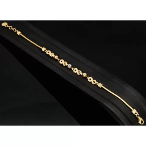Infinity-Armband aus hochwertigem 585er Gold, 14 Karat, mit funkelnden Unendlichkeitsmotiven, Goldkügelchen in Tricolor (Gelbgold, Weißgold und Roségold) und verstellbarer Länge von 17,5 bis 19 cm