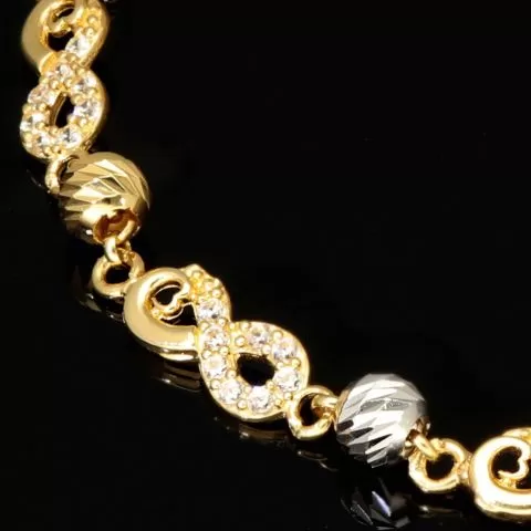 Infinity-Armband aus hochwertigem 585er Gold, 14 Karat, mit funkelnden Unendlichkeitsmotiven, Goldkügelchen in Tricolor (Gelbgold, Weißgold und Roségold) und verstellbarer Länge von 17,5 bis 19 cm