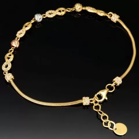Infinity-Armband aus hochwertigem 585er Gold, 14 Karat, mit funkelnden Unendlichkeitsmotiven, Goldkügelchen in Tricolor (Gelbgold, Weißgold und Roségold) und verstellbarer Länge von 17,5 bis 19 cm