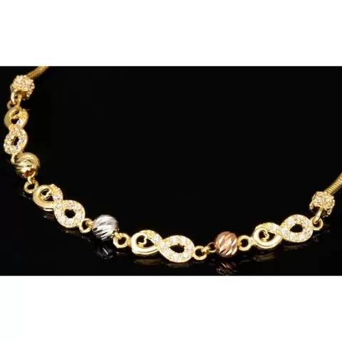 Infinity-Armband aus hochwertigem 585er Gold, 14 Karat, mit funkelnden Unendlichkeitsmotiven, Goldkügelchen in Tricolor (Gelbgold, Weißgold und Roségold) und verstellbarer Länge von 17,5 bis 19 cm