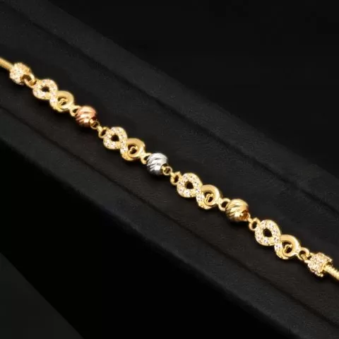 Infinity-Armband aus hochwertigem 585er Gold, 14 Karat, mit funkelnden Unendlichkeitsmotiven, Goldkügelchen in Tricolor (Gelbgold, Weißgold und Roségold) und verstellbarer Länge von 17,5 bis 19 cm
