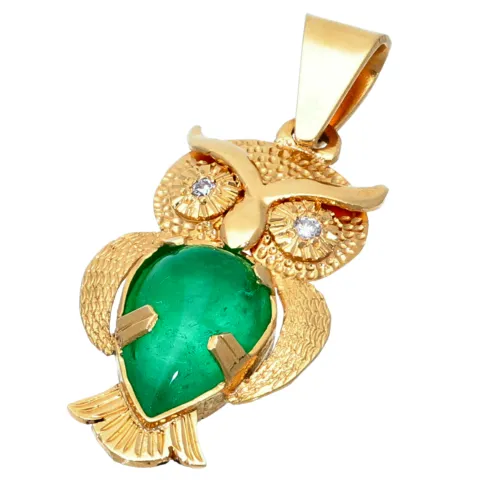 Eulen-Anhänger mit Smaragd Cabochon (ca. 3,5 ct) und 2 Diamanten in 18k 750er Gelbgold (Handarbeit - Unikat)
