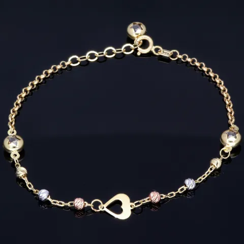 Verspieltes Tricolor Herz - Armband aus 585 14K Gold in (ca. 17 - 19,5 cm Länge verstellbar)
