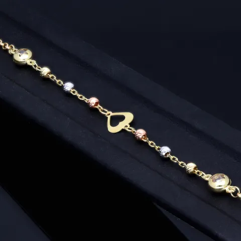 Verspieltes Tricolor Herz - Armband aus 585 14K Gold in (ca. 17 - 19,5 cm Länge verstellbar)