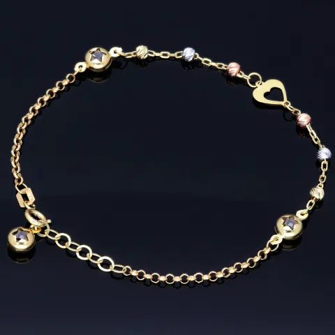 Verspieltes Tricolor Herz - Armband aus 585 14K Gold in (ca. 17 - 19,5 cm Länge verstellbar)