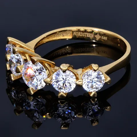 Funkelnder Ring aus 585 / 14K Gold für Damen mit 5 großen, leuchtenden Zirkonia (Diamantimitationen im Brillantschliff) bestückt (ca. 56-57 RG)