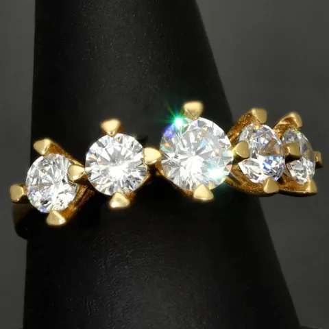 Funkelnder Ring aus 585 / 14K Gold für Damen mit 5 großen, leuchtenden Zirkonia (Diamantimitationen im Brillantschliff) bestückt (ca. 56-57 RG)