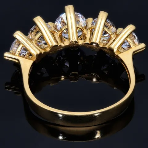 Funkelnder Ring aus 585 / 14K Gold für Damen mit 5 großen, leuchtenden Zirkonia (Diamantimitationen im Brillantschliff) bestückt (ca. 56-57 RG)