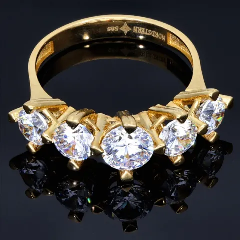 Funkelnder Ring aus 585 / 14K Gold für Damen mit 5 großen, leuchtenden Zirkonia (Diamantimitationen im Brillantschliff) bestückt (ca. 56-57 RG)