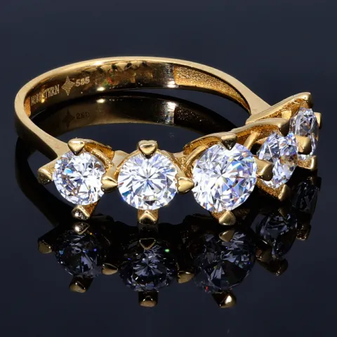 Funkelnder Ring aus 585 / 14K Gold für Damen mit 5 großen, leuchtenden Zirkonia (Diamantimitationen im Brillantschliff) bestückt (ca. 56-57 RG)