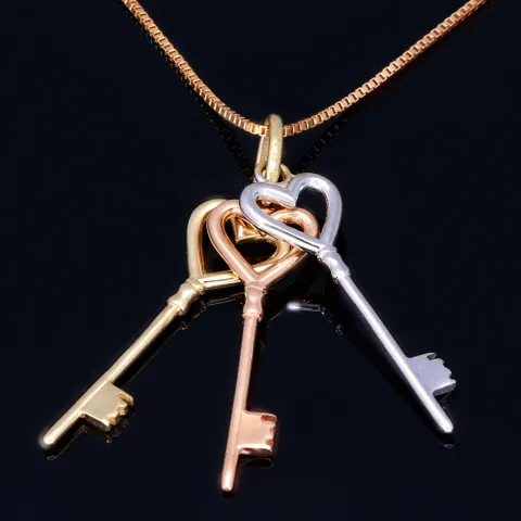 Exquisites Schmuckset - 585 Roségold - Halskette und einem Tricolor - Anhänger in 14K / 585 Gelb-, Rosé und Weißgold mit 3 Schlüsseln in Herzform