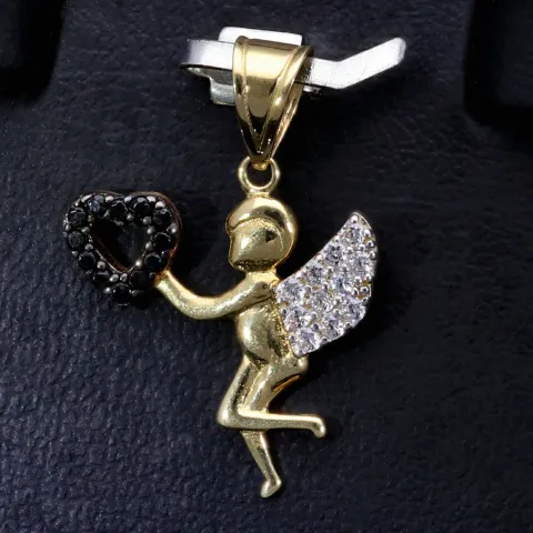 Hochwertiger Engel - Anhänger mit Herz aus Gold aus 14k (585er) Gelbgold und Zirkoniabesatz