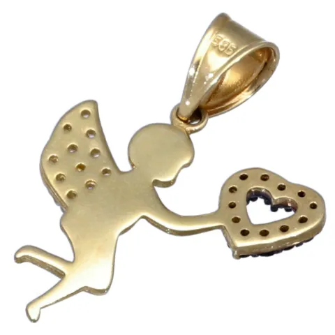 Hochwertiger Engel - Anhänger mit Herz aus Gold aus 14k (585er) Gelbgold und Zirkoniabesatz