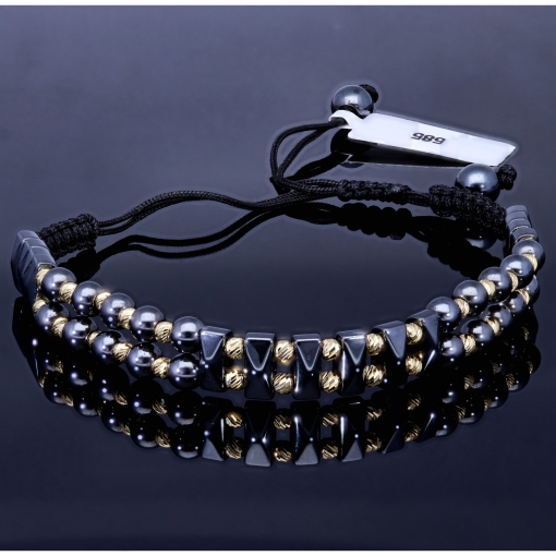 Trendiges Kugel Zug-Armband mit Perlen aus hochwertigem Gold in 585 / 14K und glänzenden, grauschwarzen Beads