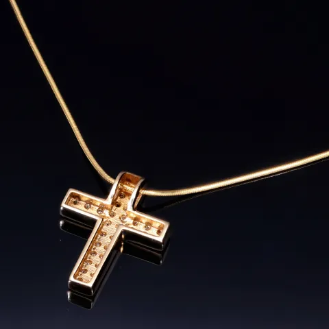 Edles Schmuckset bestehend aus einer Halskette und einem Kreuz in hochwertigem 14K / 585 Gelbgold mit Zirkonia verziert