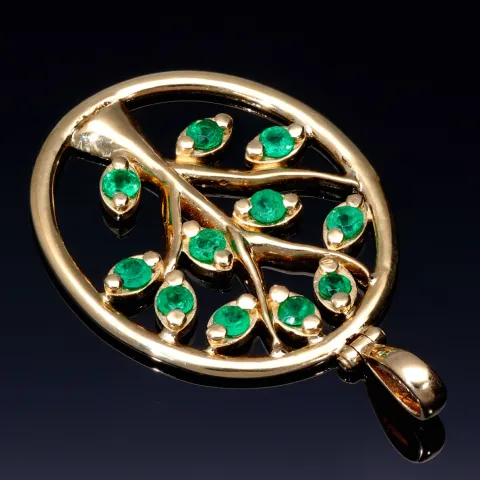 Eindrucksvoller, handgearbeiteter Lebensbaum - Anhänger in 18K / 750 Gold mit 11 leuchtenden, tannengrünen Smaragden