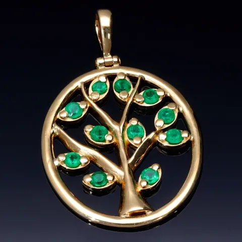 Eindrucksvoller, handgearbeiteter Lebensbaum - Anhänger in 18K / 750 Gold mit 11 leuchtenden, tannengrünen Smaragden