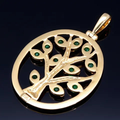 Eindrucksvoller, handgearbeiteter Lebensbaum - Anhänger in 18K / 750 Gold mit 11 leuchtenden, tannengrünen Smaragden
