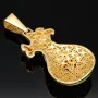 Prunkvoller Gold-Anhänger - Geldsack mit Dollarzeichen aus hochwertigem 14K / 585 Gold mit vielen grünen, leuchtenden Zirkonia